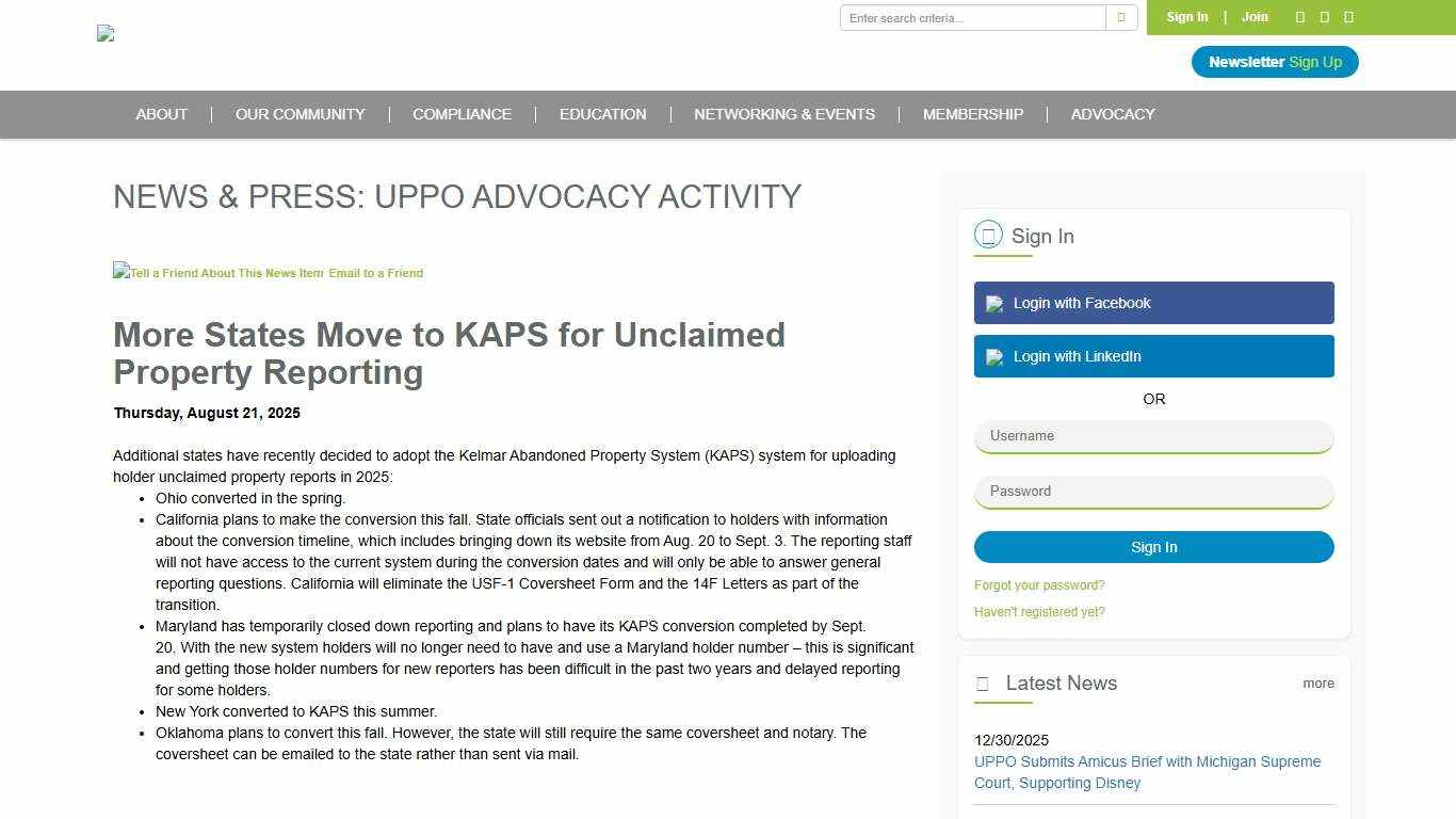 More States Move to KAPS for Unclaimed Property Reporting - Unclaimed Property Professionals Organization
